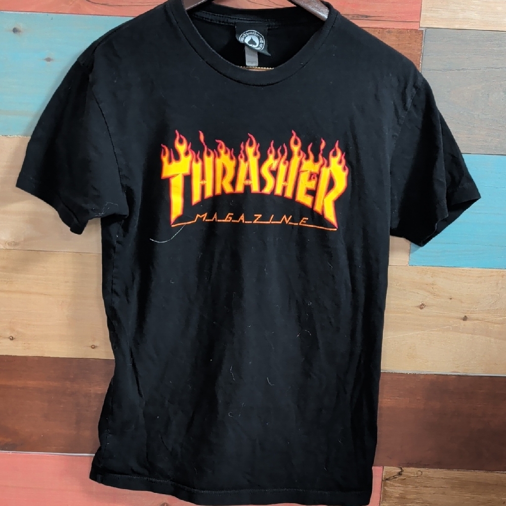 Thrasher Black Tee with Yellow and Orange Flame Logo